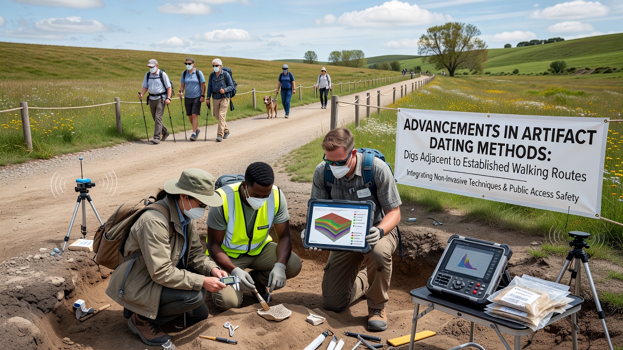 Close-up of sediment sampling for luminescence dating at an archaeological site beside a walking path