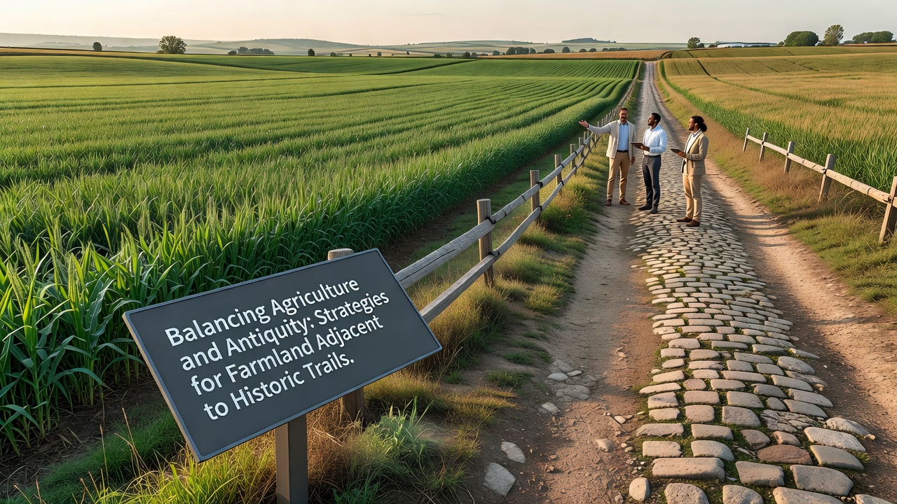 Farm equipment operating near a historic trail with protective fencing and signage in place